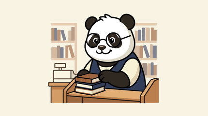 Cartoon panda librarian with glasses at a bookstore counter © abryant