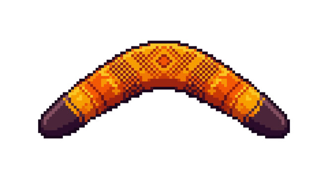 Pixel art illustration of a traditional wooden boomerang with orange patterns isolated on white background.