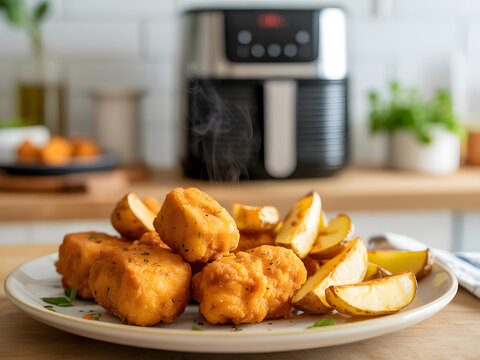 Crispy Air-Fried Delights: Golden-brown, air-fried chicken pieces and potato wedges are served hot on a plate, with an air fryer visible in the background, promising a healthier, delicious meal.