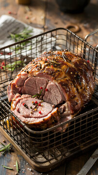 Roasted Lamb in Roasting Rack: A succulent, herb-roasted lamb leg rests in a rustic metal roasting rack, seasoned with peppercorns and fresh rosemary sprigs, ready for a festive meal.