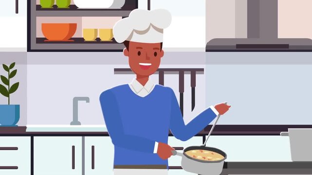Chef stirring delicious soup in modern kitchen animation video clip showing cooking process for culinary show