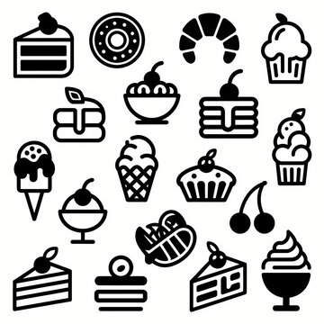 Dessert Icons Collection: A delightful assortment of stylized dessert icons, showcasing various sweet treats like cakes, pastries, ice cream, and donuts, presented in a clean and modern graphic style.