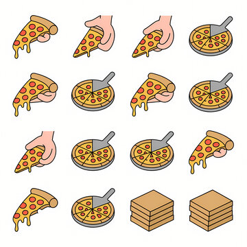 Pizza Slice Collection: A delightful assortment of isometric pizza slices and whole pizzas, showcasing cheesy, pepperoni-topped goodness with hands reaching to grab a slice, presented in a vibrant.