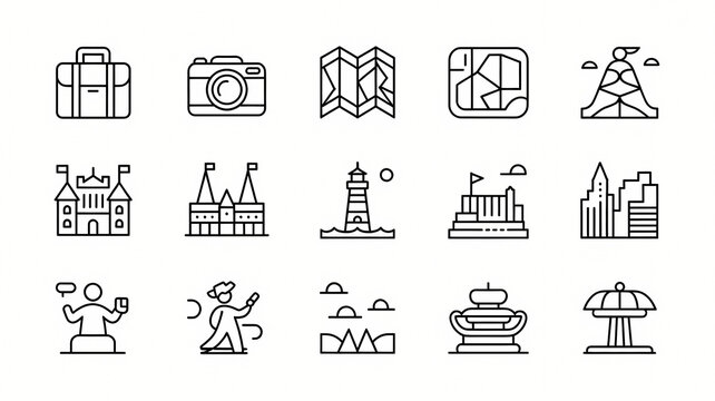 Travel Icons Set: A collection of linear vector icons representing various travel and tourism elements, including luggage, camera, maps, landmarks, and activities.