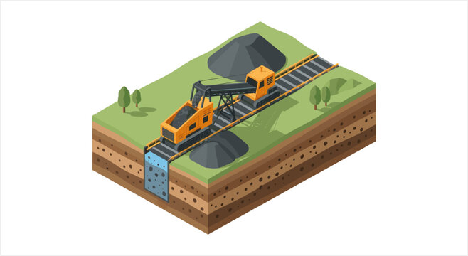 Coal mining operation with excavator and conveyor belt.