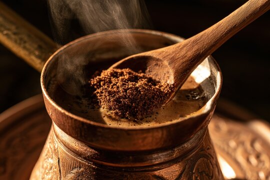 Copper cezve with steaming Turkish coffee and wooden spoon stirring grounds