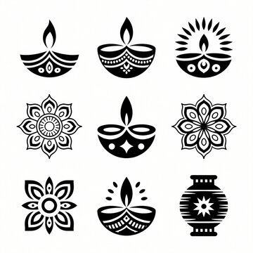 Diya and Rangoli Collection: A collection of stylized diya lamps and intricate rangoli patterns, presented in black and white, evoking the spirit of traditional Indian festivals.