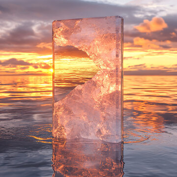 Stunning Ice Block in Calm Water Reflecting a Beautiful Sunset