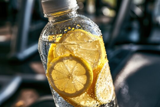 Lemon slices floating in water bottle with condensation droplets