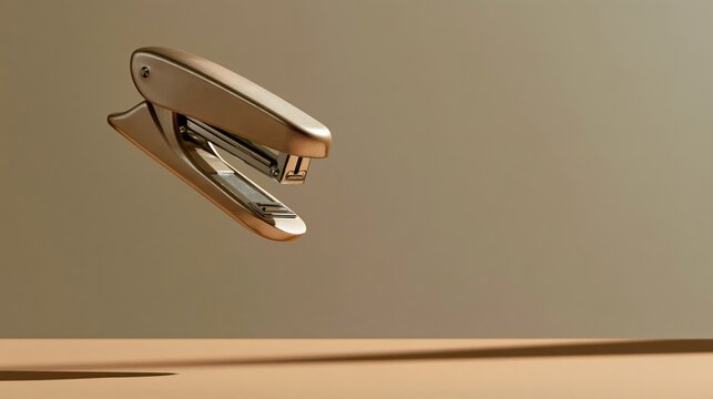 Angled view of stapler levitating and opening and closing in mid-air like clapping, looking proud. Whimsical office photo for creative content.