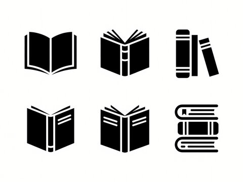 Set of Book Icons: A collection of stylized black icons representing open books, closed books, and a stack of books, perfect for educational or literary themes.