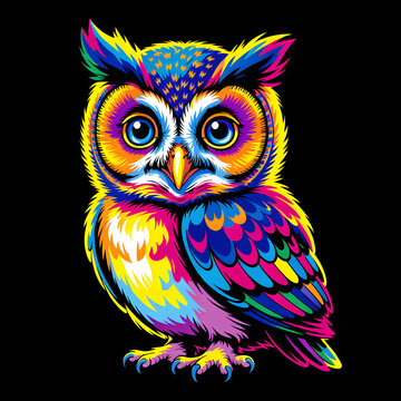 Vibrant Owl Portrait: A whimsical owl rendered in a dazzling array of psychedelic colors, with wide, curious eyes and intricately detailed feathers, stands out against a stark black background.