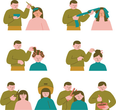 Hair salon flat vector illustration set of eight scenes: brushing on colour, wrapping foils and rolling curlers