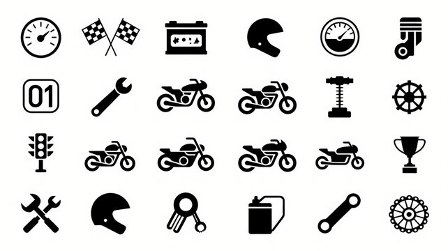 Motorcycle Icons Set: A collection of graphic icons representing various aspects of motorcycles and racing, including a speedometer, checkered flags, battery, helmet, engine parts, and trophies.