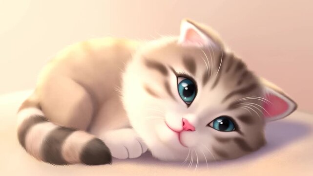 Slow zoom tracking shot of kitten tilting head and blinking while resting on soft pillow in warm indoor studio setting