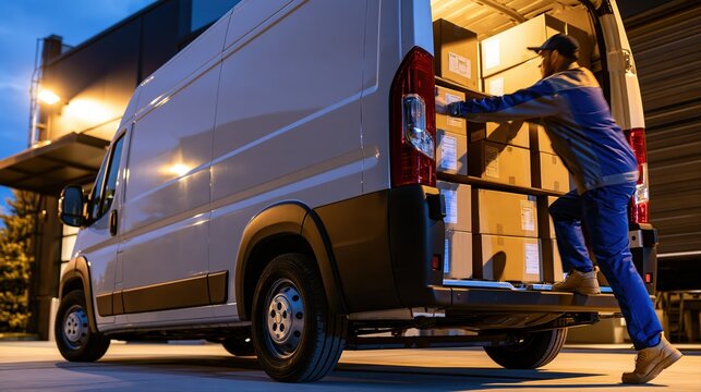 A courier loads uniform parcels onto organized shelves in a white delivery van at dawn. Cool blue light mixes with warm warehouse glow, emphasizing efficient logistics service.