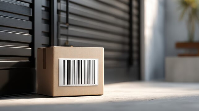A cardboard package with a barcode label sits on a doorstep, ready for delivery. This shipping box represents modern ecommerce, logistics, and home deliveries.