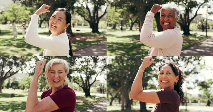 Old women, face and flex bicep at park, fitness and laugh after exercise and confident for wellness. Outdoor, portrait and happy retired people on break, montage and workout for health in nature
