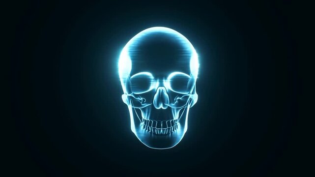 Slow rotation of holographic skull revealing different angles in dark studio with blue glow
