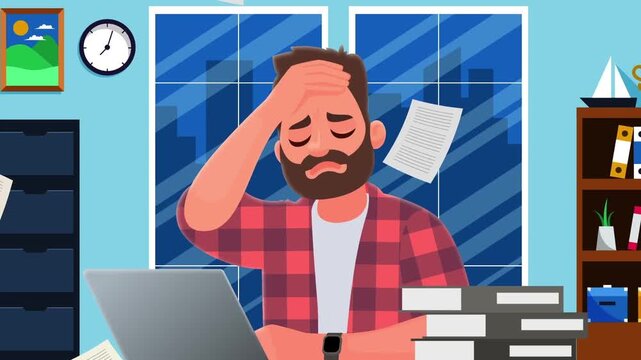 Stressed freelancer holding head while working late at desk with laptop in animated video clip