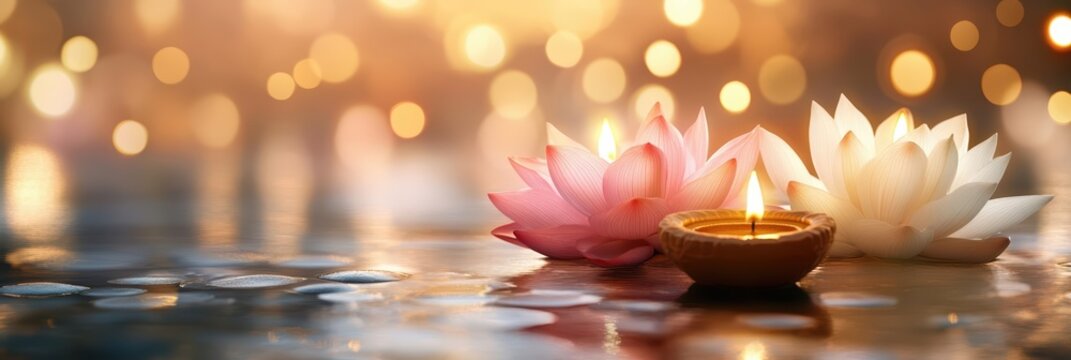 Serene Diwali celebration with floating lotus flowers and glowing diyas. Warm reflections and ripples of light convey peace, tradition, and festivity.