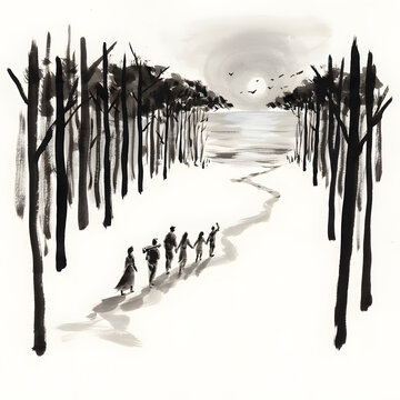 Journey Through the Woods: A group of figures walks along a winding path through a stylized forest towards a serene body of water under a gentle sun, evoking a sense of peaceful exploration and unity.