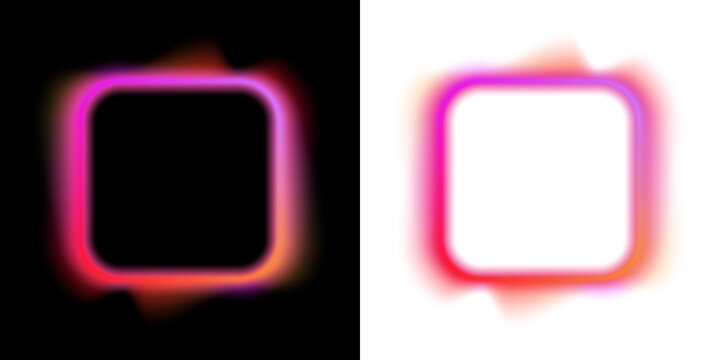 A pair of neon square frames glow against a black background. The left frame has softened edges while the right frame displays vibrant swirling layers.