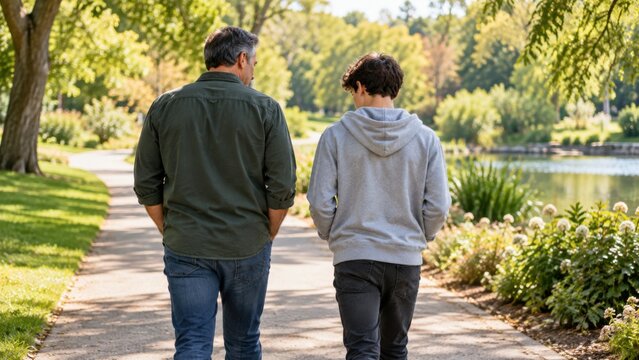 Father and teenage child walking side by side along a sunny park path, viewed from behind amid trees, gardens, and a quiet pond in a family conflict scene