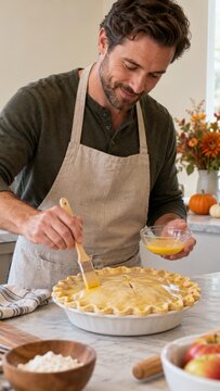 Man wearing an apron preparing a decorated pumpkin pie in a bright kitchen with autumn flowers and pumpkins, Thanksgiving food preparation scene