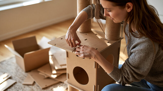 An adult customer locks a wooden platform onto an unbranded flat-pack cat tower in a bright apartment living room, real commercial photograph, medium close-up from a three-quarter