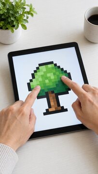 Tablet mock up displaying pixel art tree while hands touch the screen beside a potted plant and coffee cup on a light desk surface