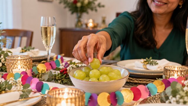 Woman arranging green grapes beside champagne and festive table decorations during a 2027 countdown celebration at an elegant dining table