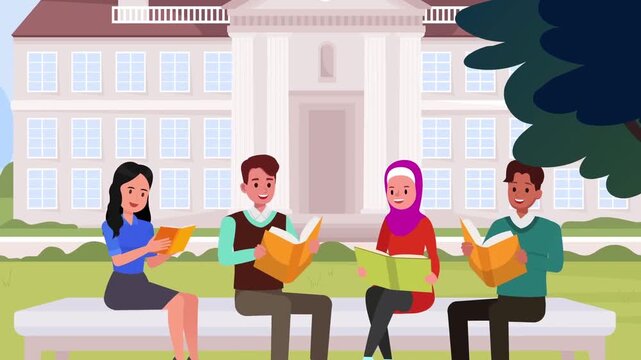 Students sitting on a park bench reading books together in front of a university building video