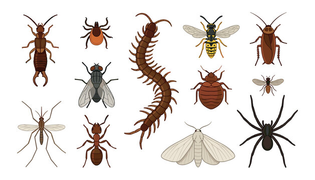 A comprehensive vector illustration set of common household insects and pests, spiders, centipede, cockroach, isolated white background.