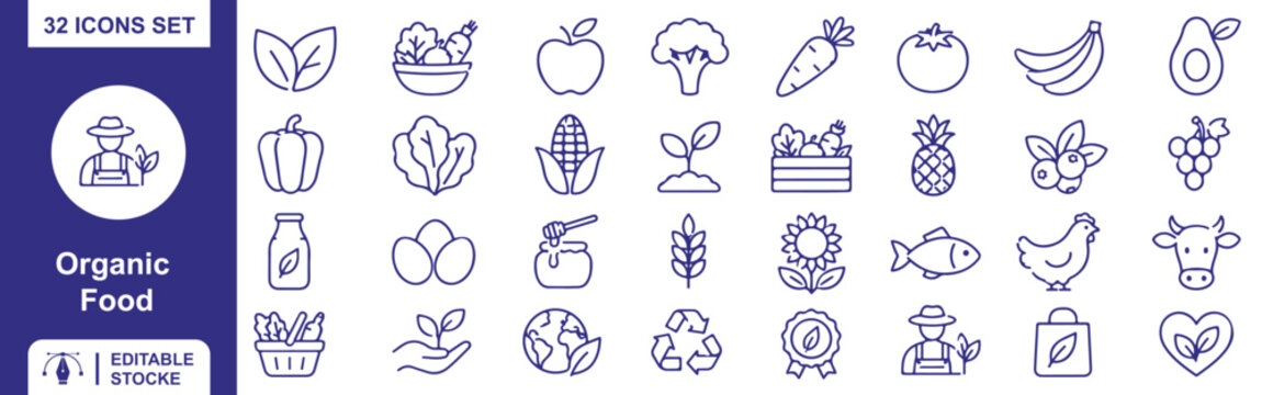  Organic Food Icons Set &ndash; 32 Editable Stroke Healthy, Natural and Fresh Food Icons