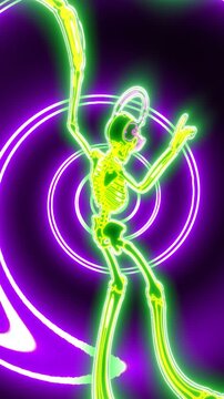 Seamless vertical video of a dancing skeleton with spiral. Funny halloween background with neon fluorescent effect for parties and events.