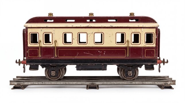 Vintage toy train passenger carriage wagon on metal tracks isolated on white background