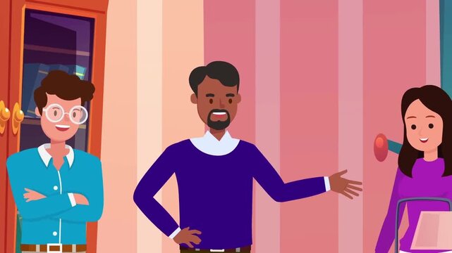 Animated vector characters communicating together inside a cozy living room during casual conversation video footage