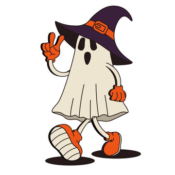 Vector Halloween Ghost Character. Hand drawn Halloween Ghost in witch hat with emotional face isolated transparent background. Perfect for Halloween poster concept decor. EPS 10