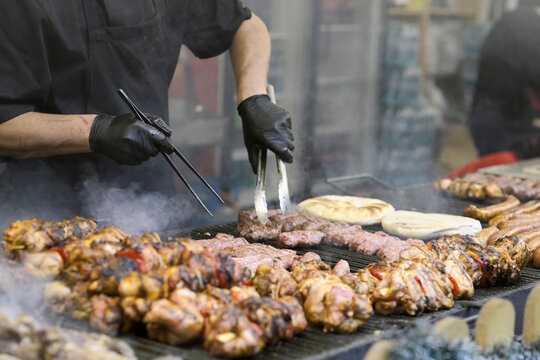 Grilled Meat and Flatbread on Street Food Barbecue