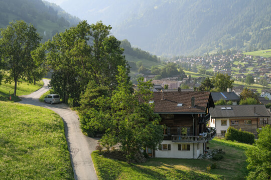Alpine Village and Green Valley in Switzerland