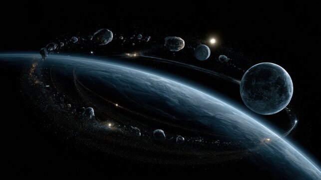 Asteroid belt material flows through lunar processing stations for delivery to Earth as part of a space commodity market.