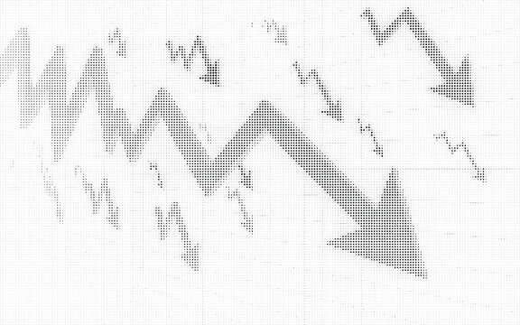 Abstract halftone pattern featuring downward pointing arrows signifying financial market decline