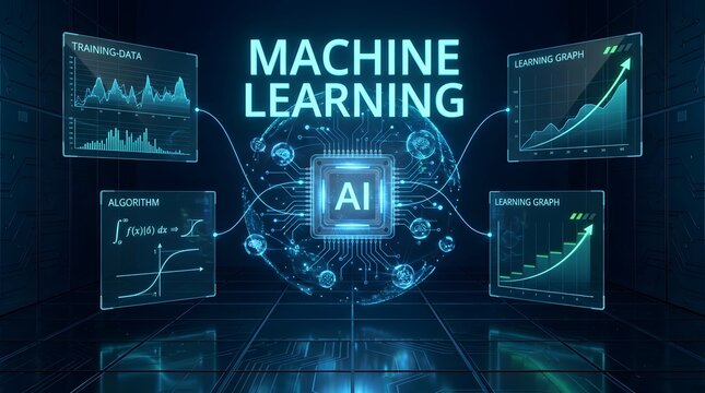 Machine learning concept with artificial intelligence data analysis and neural network visualization on a blue background