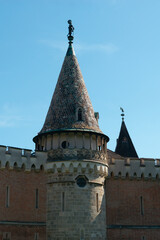 medieval castle fortress wall towers battlements red brick and stone blue sky, franzensburg castle in laxenburg park near vienna austria with conical spire and green lawn, sunny summer day © Lana Pietukhova