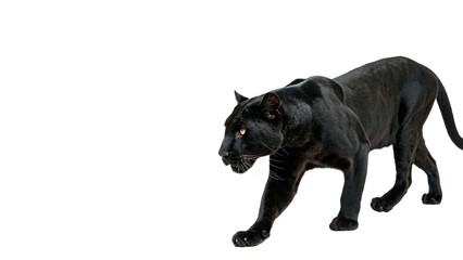 Single wild black panther panthera melanistic leopard walking active isolated on transparent background © Elsie