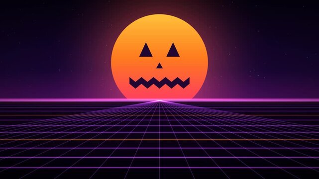 Halloween pumpkin face glowing in retro synthwave style with moving