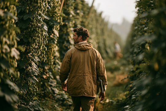 Grower Walking Hop Row Inspecting Bines