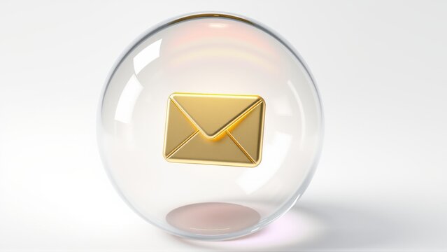 Golden envelope inside transparent sphere. Reflective surface, simple composition, clean background. Minimalist design, digital rendering.