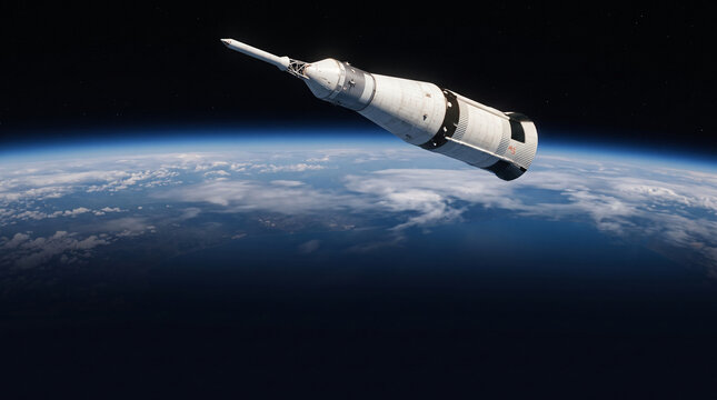 Space rocket orbiting Earth with view of clouds and stars